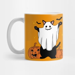 Ghost Cat with Pumpkin Halloween Mug